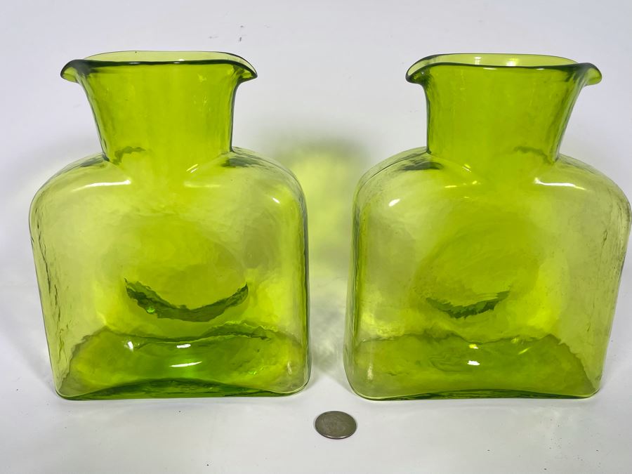 Pair Of Green Blenko Glass Bottles 6.5W X 8H