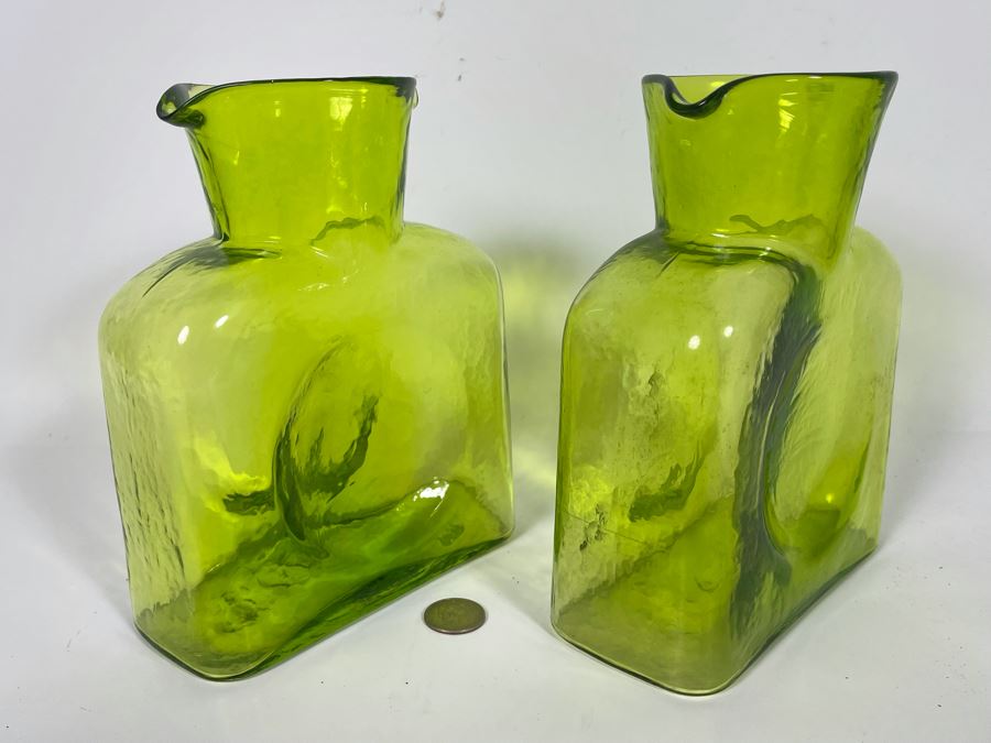 Pair Of Green Blenko Glass Bottles 6.5W X 8H [Photo 3]