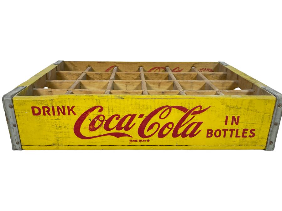 Vintage 1969 Yellow Wooden Coca-Cola Bottle Carrier From Chattanooga TN 18.5W X 12D X 4H