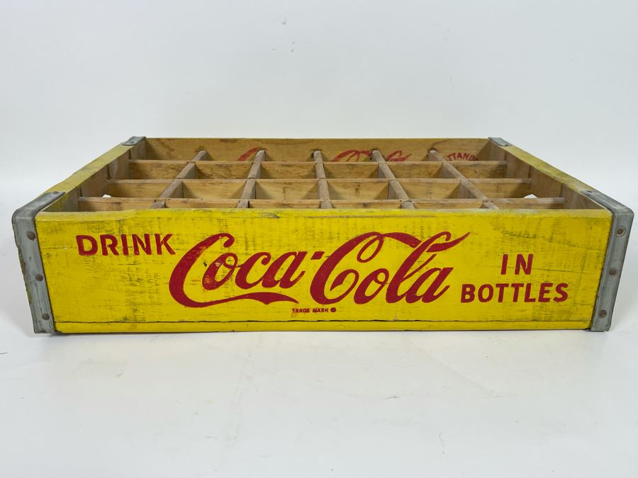 Vintage 1969 Yellow Wooden Coca-Cola Bottle Carrier From Chattanooga TN 18.5W X 12D X 4H [Photo 2]