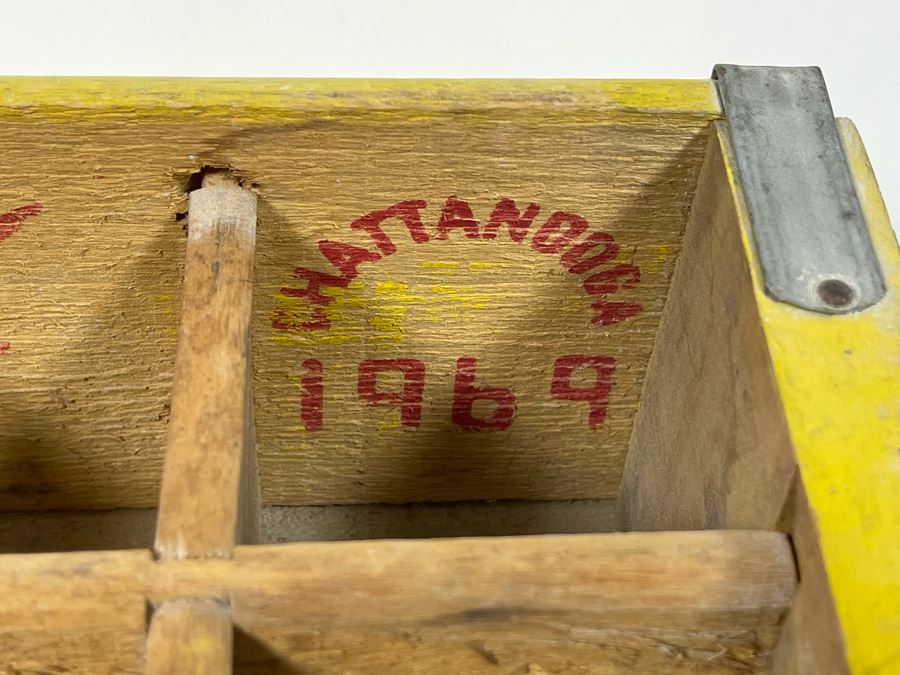 Vintage 1969 Yellow Wooden Coca-Cola Bottle Carrier From Chattanooga TN 18.5W X 12D X 4H [Photo 5]