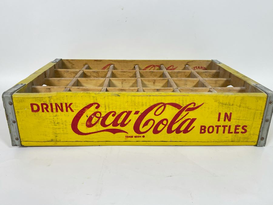 Vintage 1969 Yellow Wooden Coca-Cola Bottle Carrier From Chattanooga TN 18.5W X 12D X 4H [Photo 3]