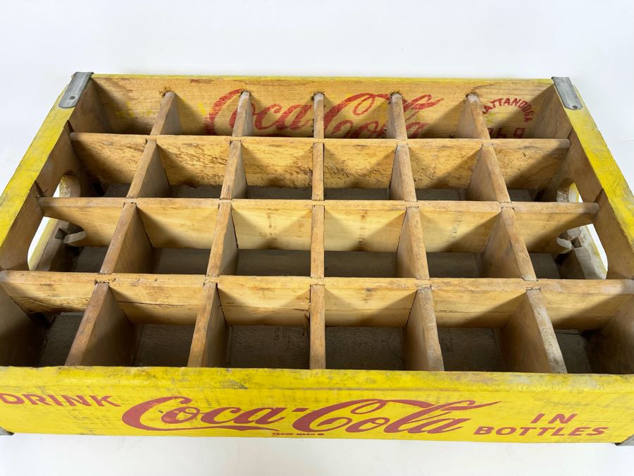 Vintage 1969 Yellow Wooden Coca-Cola Bottle Carrier From Chattanooga TN 18.5W X 12D X 4H [Photo 7]