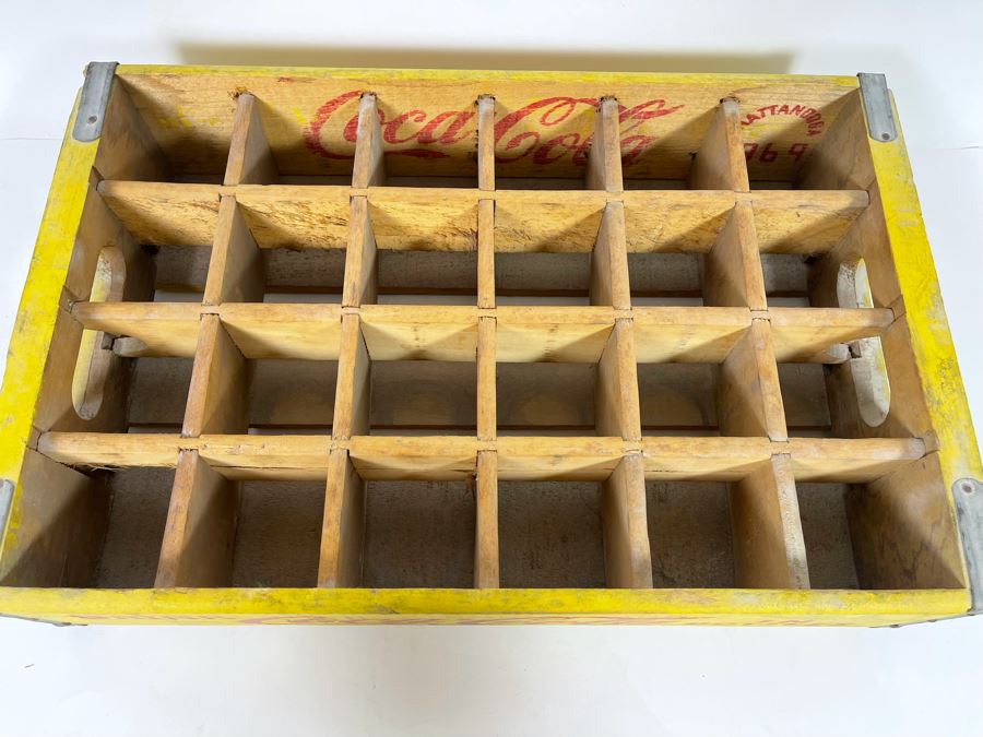 Vintage 1969 Yellow Wooden Coca-Cola Bottle Carrier From Chattanooga TN 18.5W X 12D X 4H [Photo 8]