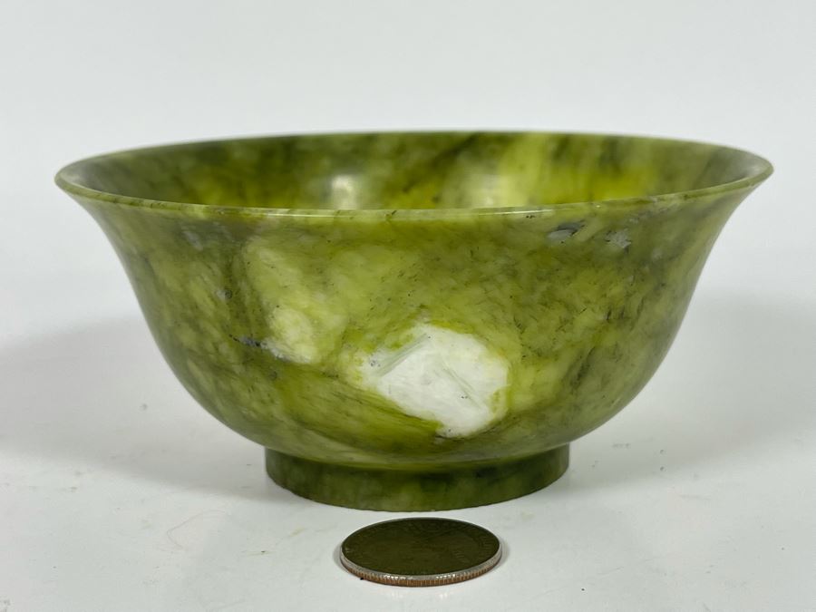 Small Vintage Chinese Spinach Jade Bowl 4.75R X 2H [Photo 3]
