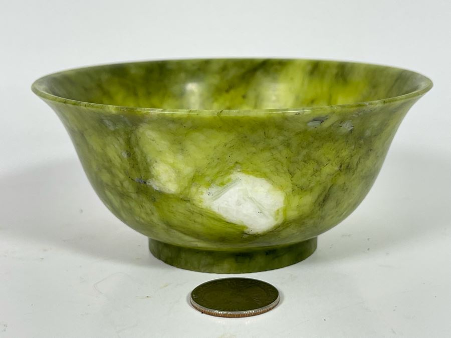 Small Vintage Chinese Spinach Jade Bowl 4.75R X 2H [Photo 2]