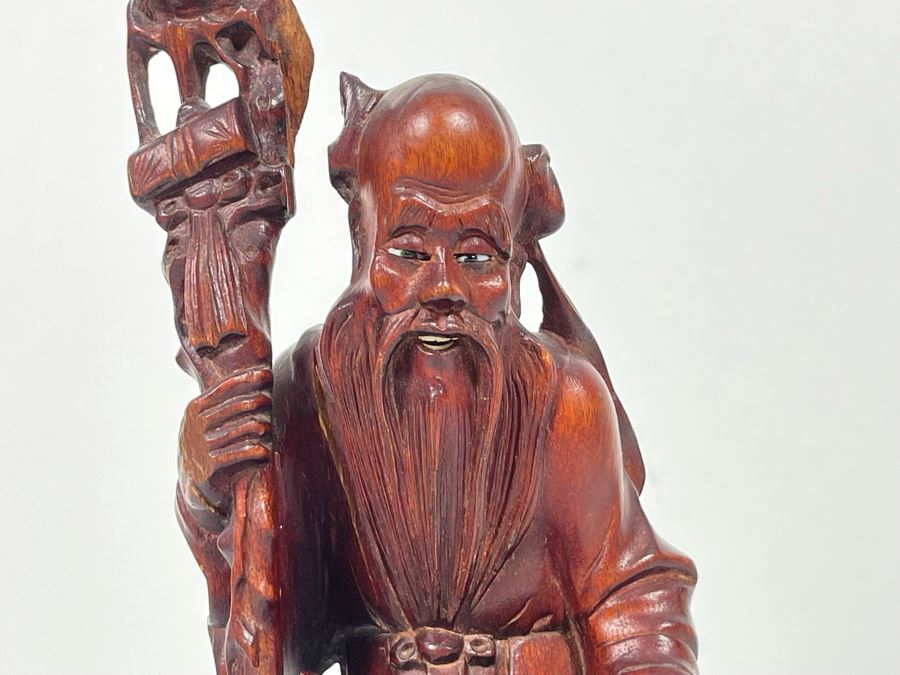 Carved Wooden Chinese Elder Figurine Note Cracks In Wood 9H [Photo 10]