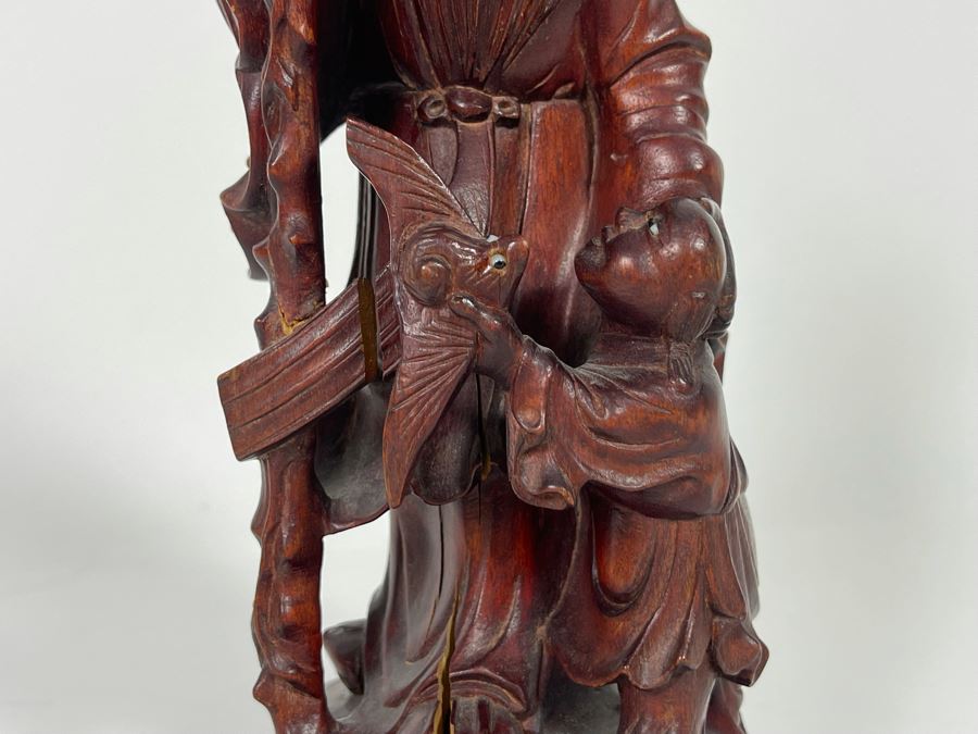Carved Wooden Chinese Elder Figurine Note Cracks In Wood 9H [Photo 5]