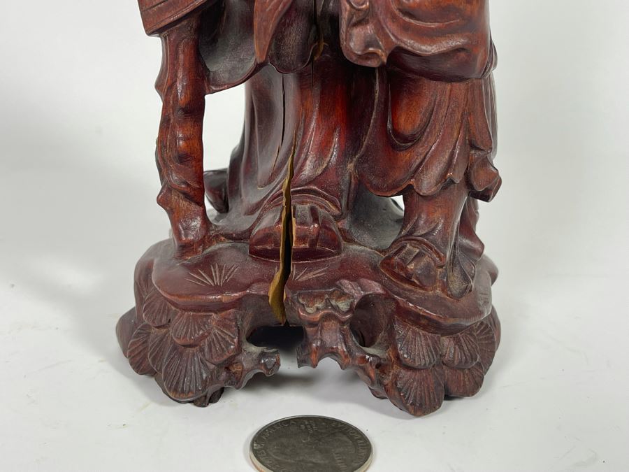 Carved Wooden Chinese Elder Figurine Note Cracks In Wood 9H [Photo 4]
