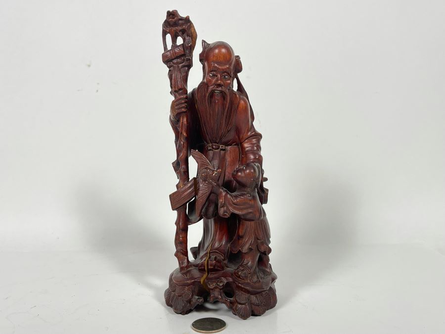 Carved Wooden Chinese Elder Figurine Note Cracks In Wood 9H [Photo 3]