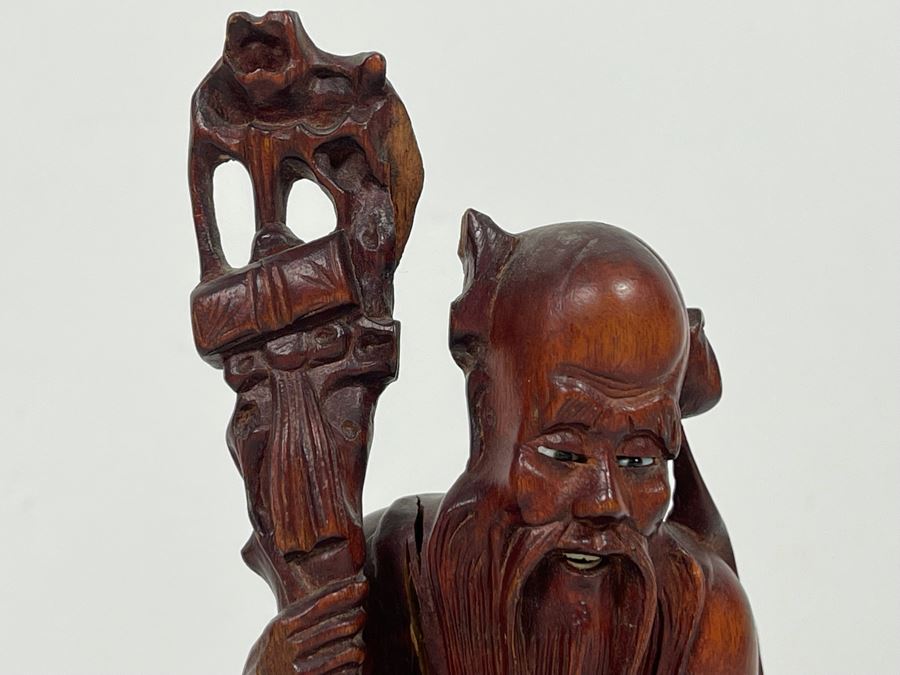 Carved Wooden Chinese Elder Figurine Note Cracks In Wood 9H [Photo 8]
