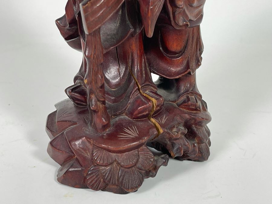 Carved Wooden Chinese Elder Figurine Note Cracks In Wood 9H [Photo 12]
