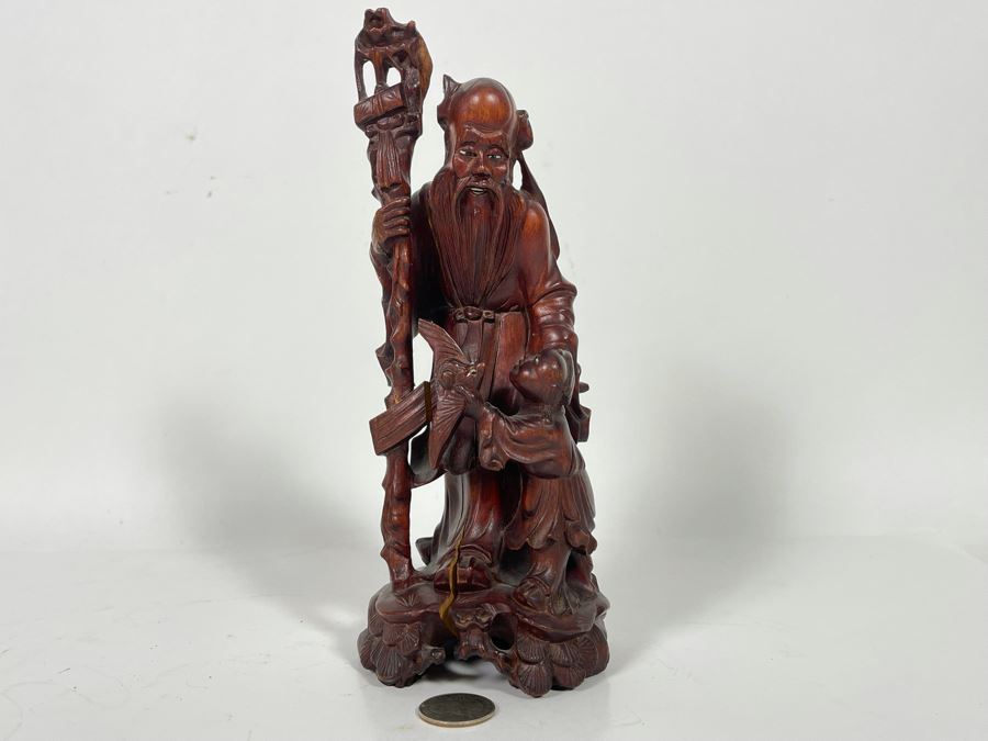 Carved Wooden Chinese Elder Figurine Note Cracks In Wood 9H [Photo 2]