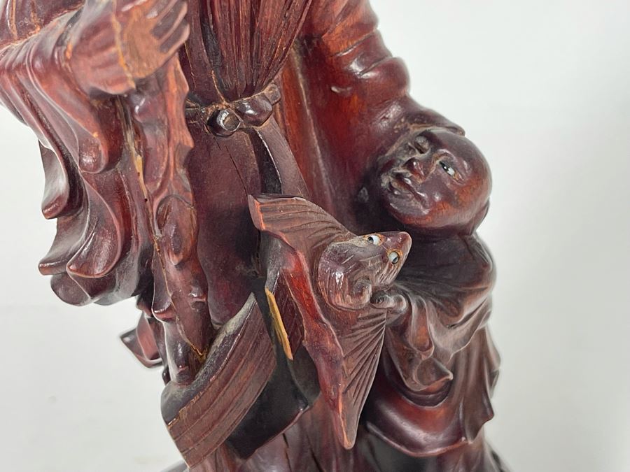Carved Wooden Chinese Elder Figurine Note Cracks In Wood 9H [Photo 11]