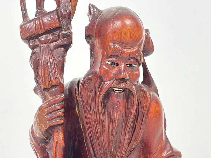 Carved Wooden Chinese Elder Figurine Note Cracks In Wood 9H [Photo 9]