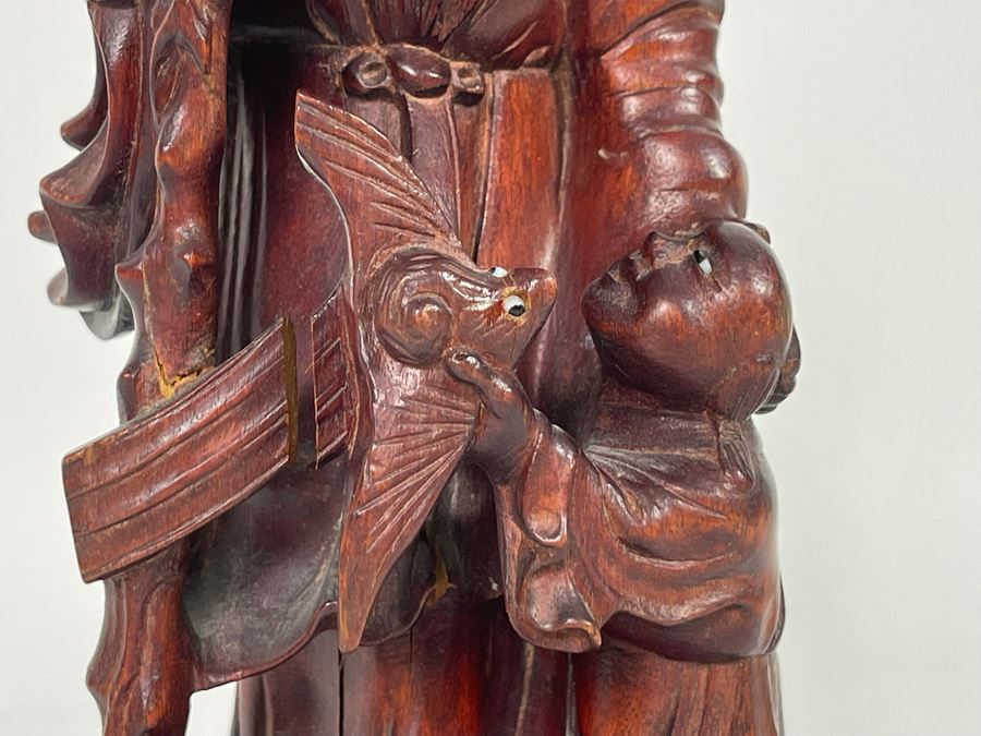 Carved Wooden Chinese Elder Figurine Note Cracks In Wood 9H [Photo 7]
