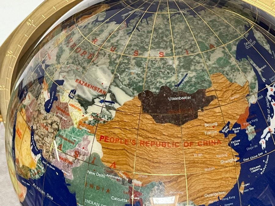 Freestanding Semi-Precious Inlaid Stone Globe With Brass Stand 38H X 17W [Photo 7]