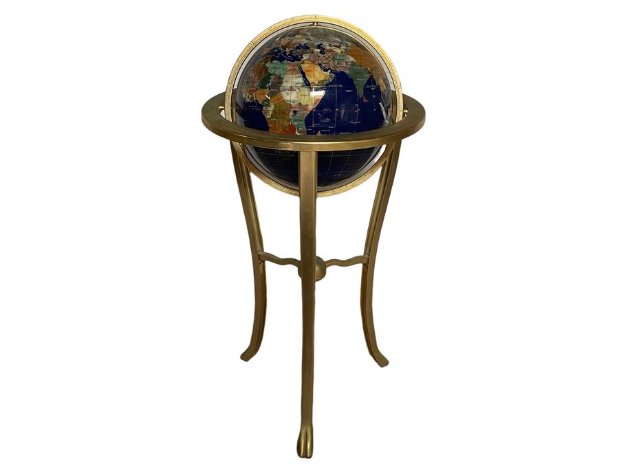 Freestanding Semi-Precious Inlaid Stone Globe With Brass Stand 38H X 17W