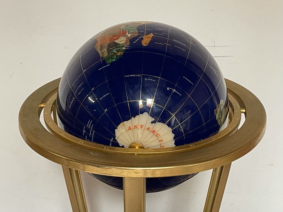 Freestanding Semi-Precious Inlaid Stone Globe With Brass Stand 38H X 17W [Photo 6]