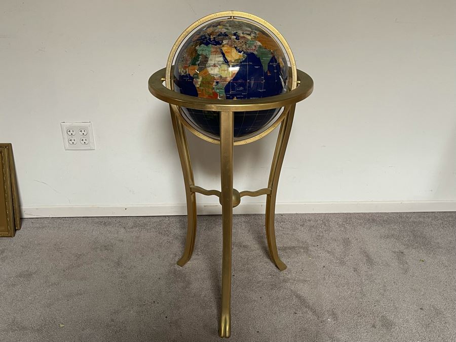Freestanding Semi-Precious Inlaid Stone Globe With Brass Stand 38H X 17W [Photo 3]