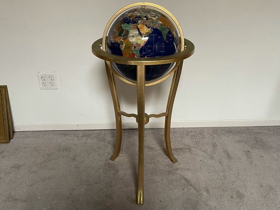 Freestanding Semi-Precious Inlaid Stone Globe With Brass Stand 38H X 17W [Photo 2]