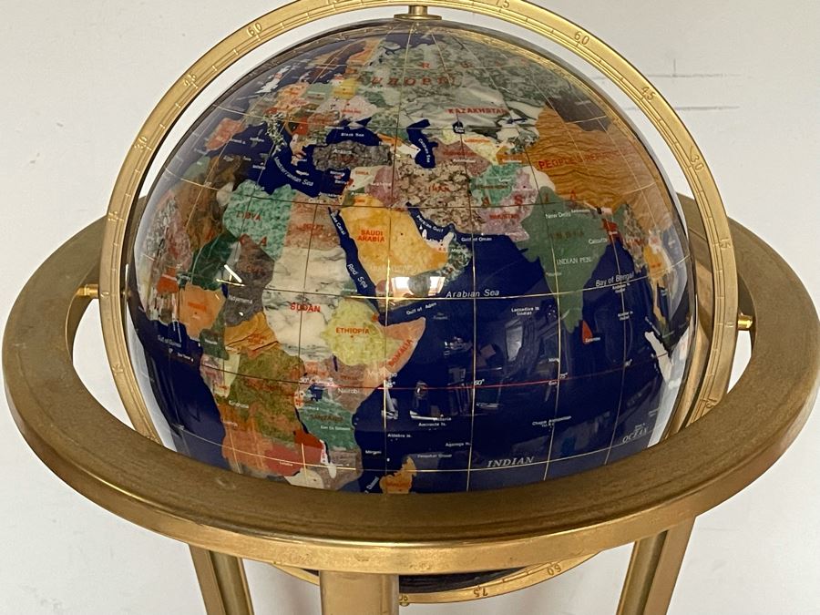 Freestanding Semi Precious Inlaid Stone Globe With Brass Stand 38h X 17w 3554