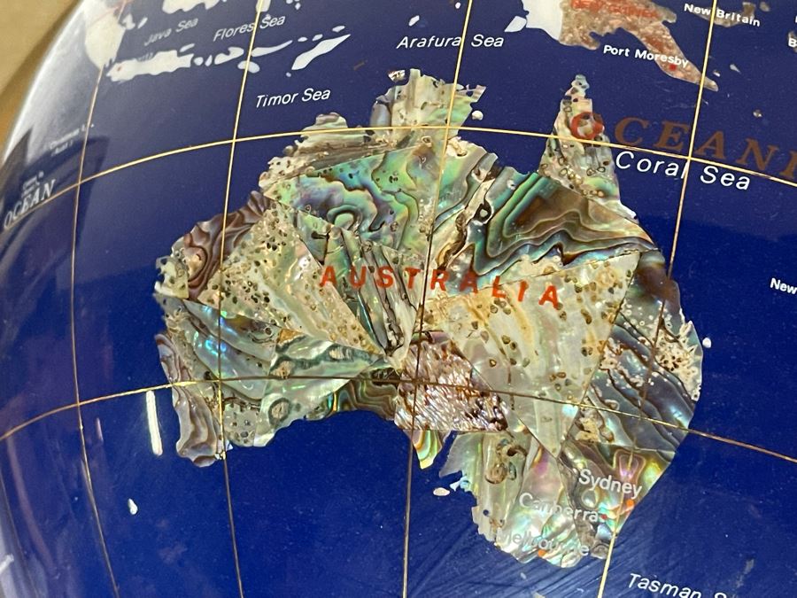 Freestanding Semi-Precious Inlaid Stone Globe With Brass Stand 38H X 17W [Photo 8]