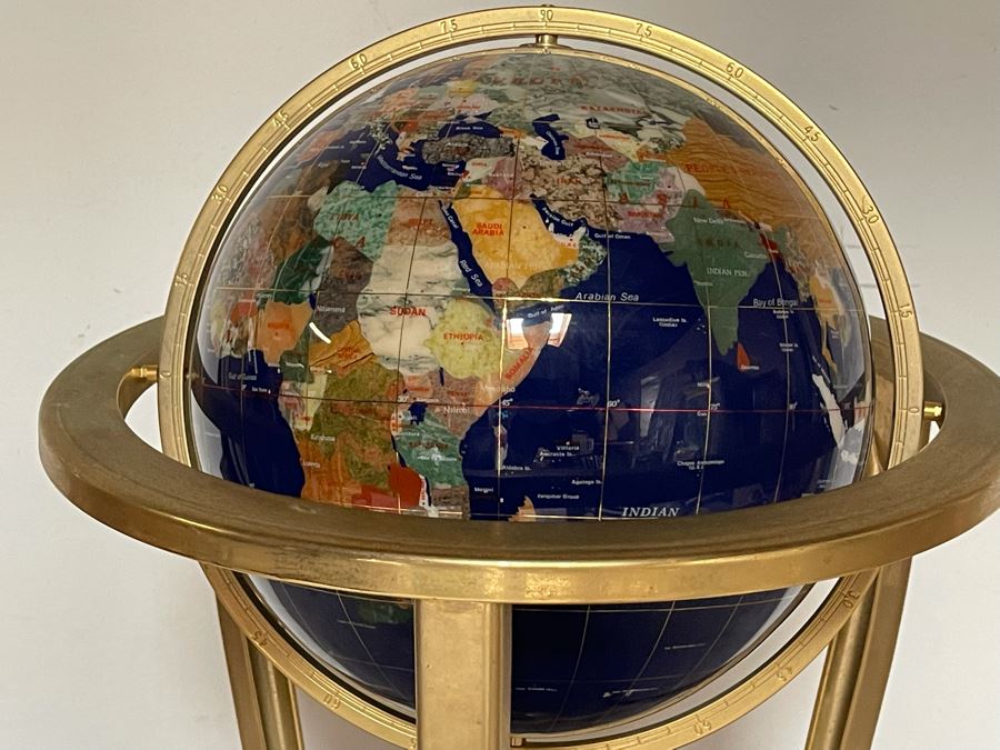 Freestanding Semi-Precious Inlaid Stone Globe With Brass Stand 38H X 17W [Photo 5]