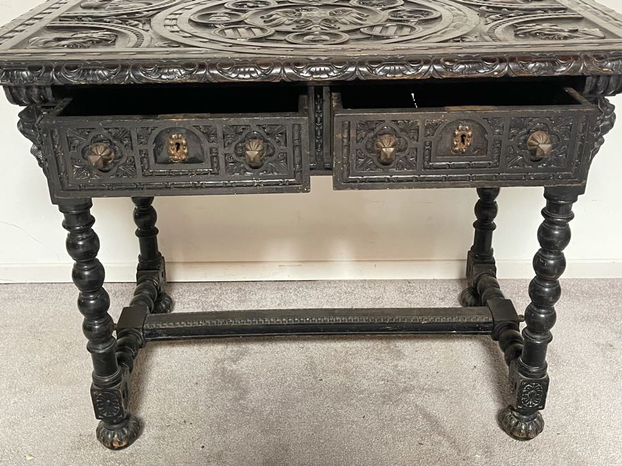 Antique Wooden Relief Carved English Writing Desk Table With Two-Drawers - See Photos For Carvings [Photo 14]