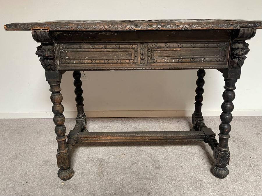 Antique Wooden Relief Carved English Writing Desk Table With Two-Drawers - See Photos For Carvings [Photo 24]