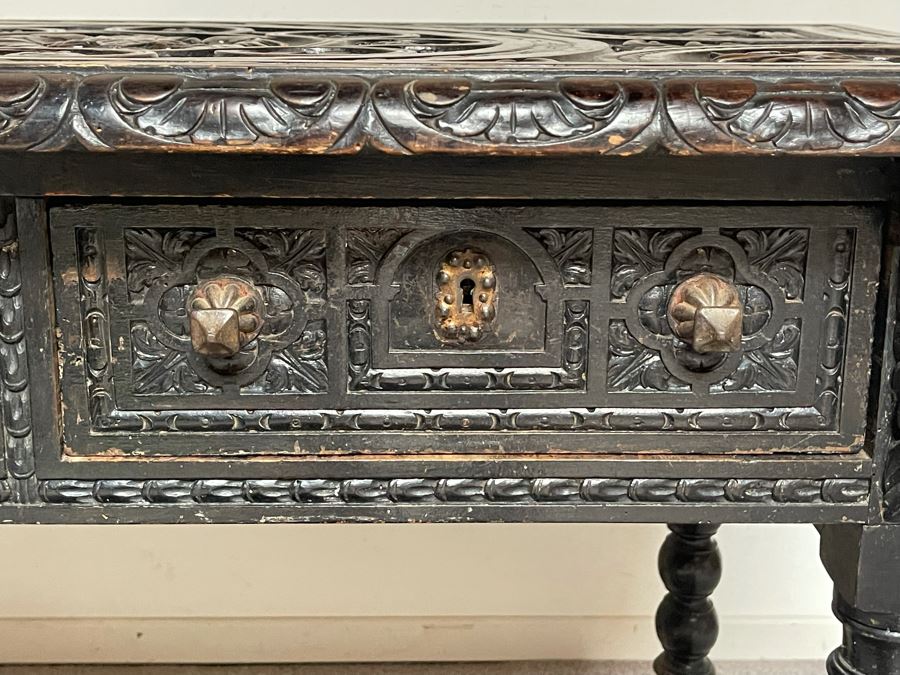 Antique Wooden Relief Carved English Writing Desk Table With Two-Drawers - See Photos For Carvings [Photo 21]