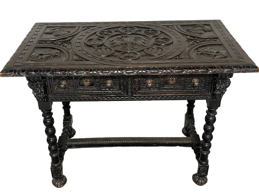 Antique Wooden Relief Carved English Writing Desk Table With Two-Drawers - See Photos For Carvings