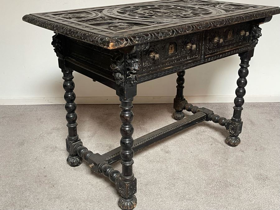 Antique Wooden Relief Carved English Writing Desk Table With Two-Drawers - See Photos For Carvings [Photo 15]