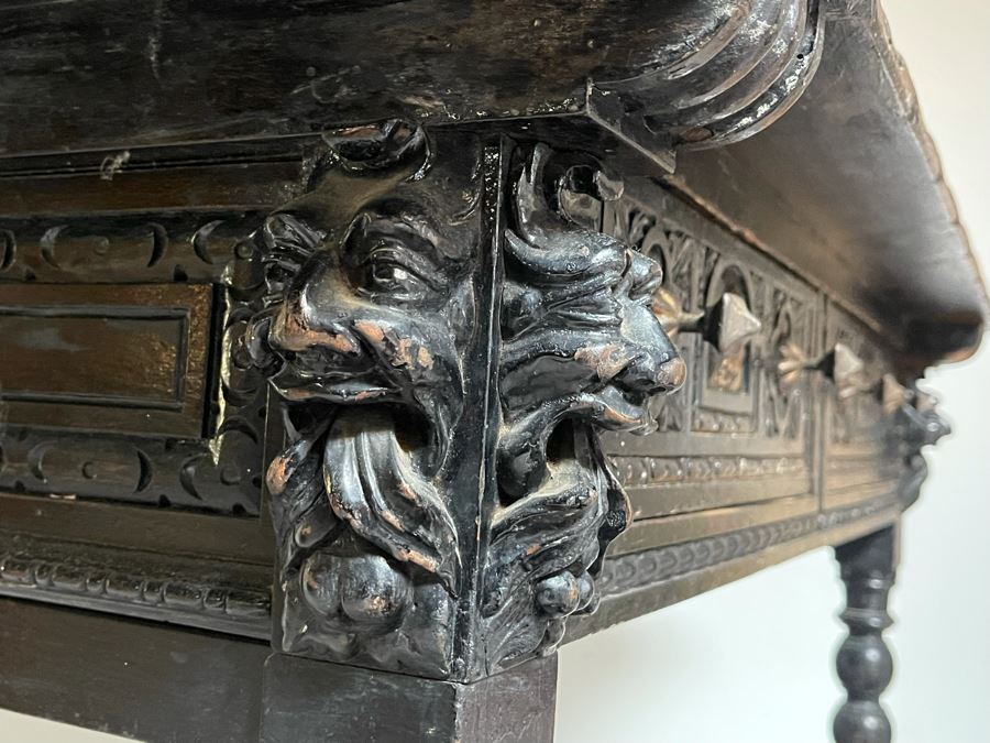 Antique Wooden Relief Carved English Writing Desk Table With Two-Drawers - See Photos For Carvings [Photo 18]