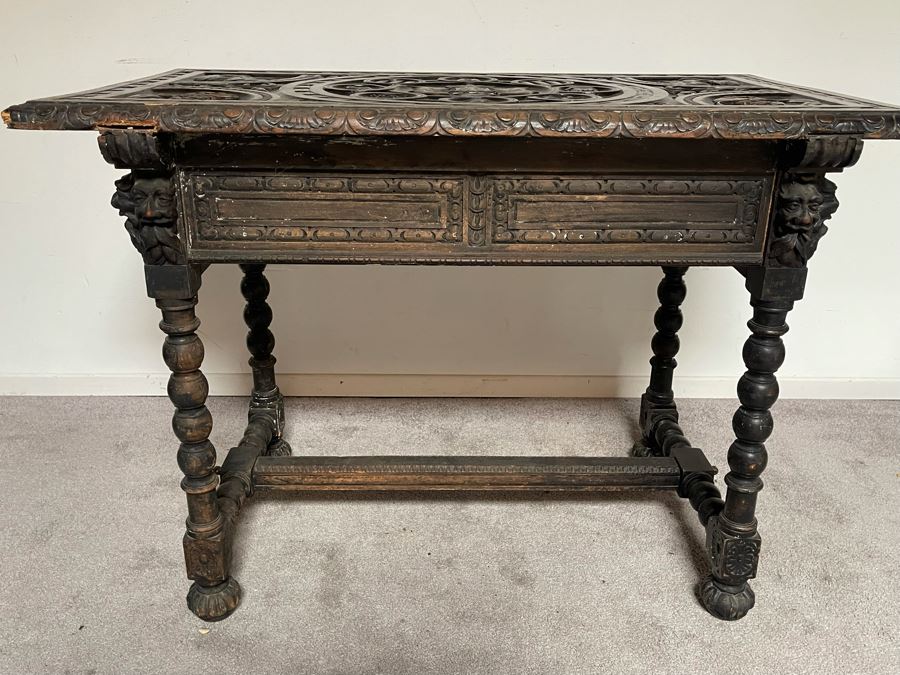 Antique Wooden Relief Carved English Writing Desk Table With Two-Drawers - See Photos For Carvings [Photo 23]