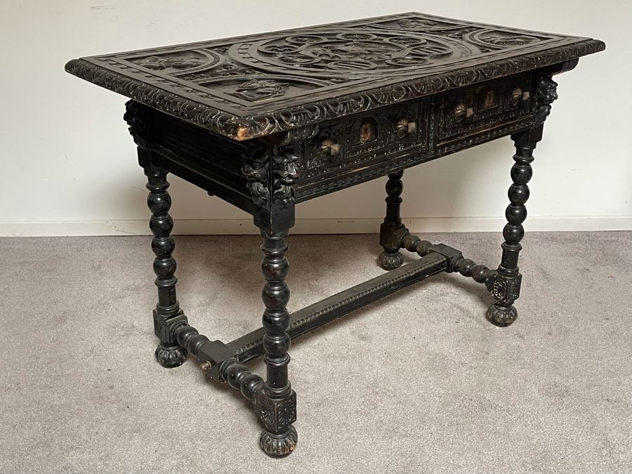 Antique Wooden Relief Carved English Writing Desk Table With Two-Drawers - See Photos For Carvings [Photo 16]