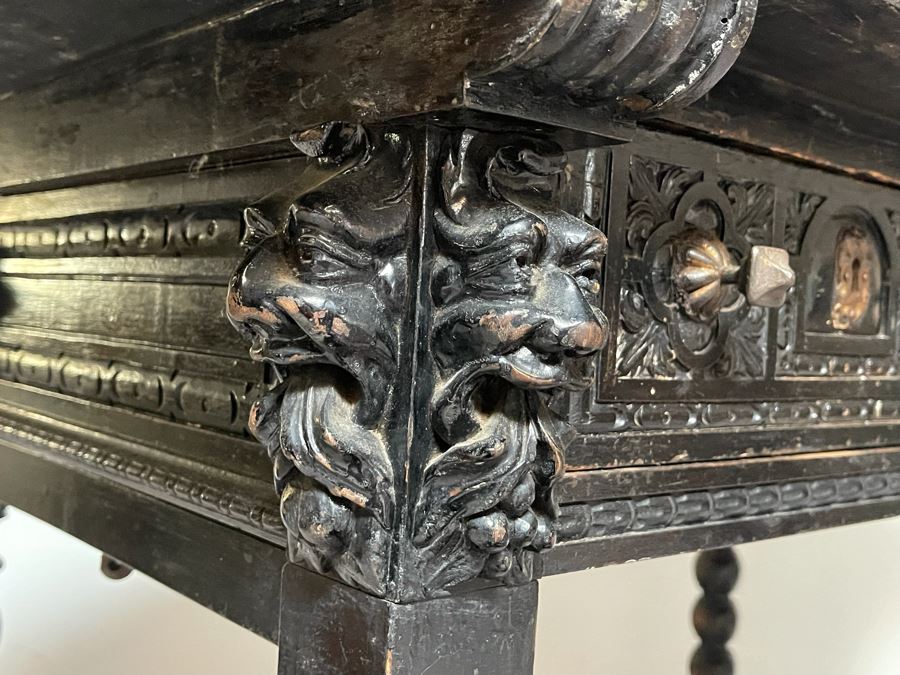 Antique Wooden Relief Carved English Writing Desk Table With Two-Drawers - See Photos For Carvings [Photo 17]