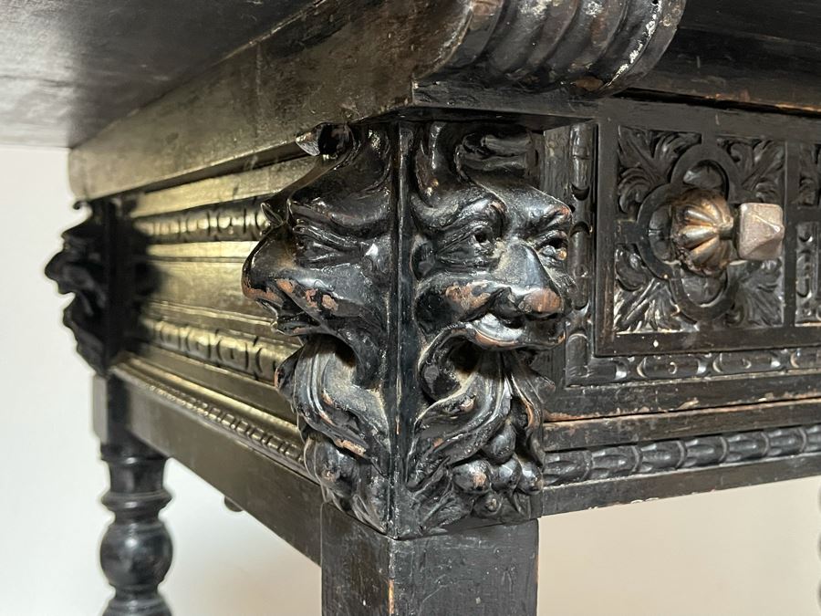 Antique Wooden Relief Carved English Writing Desk Table With Two-Drawers - See Photos For Carvings [Photo 3]