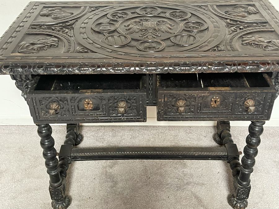 Antique Wooden Relief Carved English Writing Desk Table With Two-Drawers - See Photos For Carvings [Photo 12]