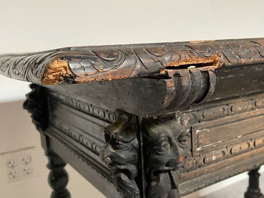 Antique Wooden Relief Carved English Writing Desk Table With Two-Drawers - See Photos For Carvings [Photo 26]