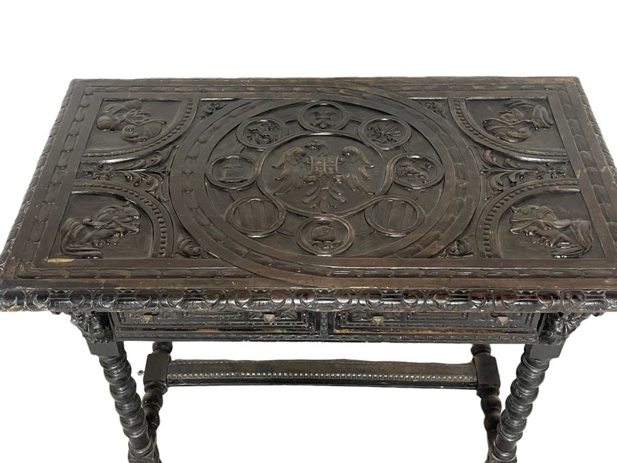 Antique Wooden Relief Carved English Writing Desk Table With Two-Drawers - See Photos For Carvings [Photo 4]