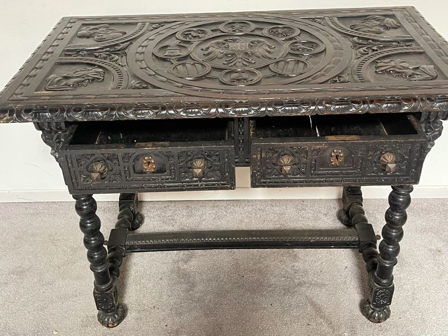 Antique Wooden Relief Carved English Writing Desk Table With Two-Drawers - See Photos For Carvings [Photo 13]