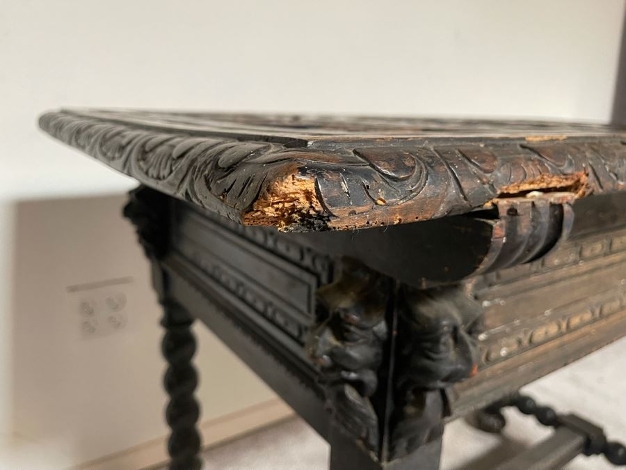 Antique Wooden Relief Carved English Writing Desk Table With Two-Drawers - See Photos For Carvings [Photo 25]