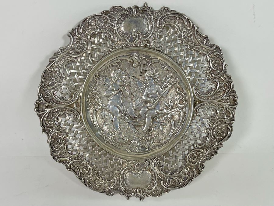 Moses Salkind Stunning Antique 1892 English Repousse Sterling Silver Footed Dish Featuring Pair Of Cherubs With English Silver Hallmarks M.S. 8”R 242g Silver Melt Value $148 [Photo 7]