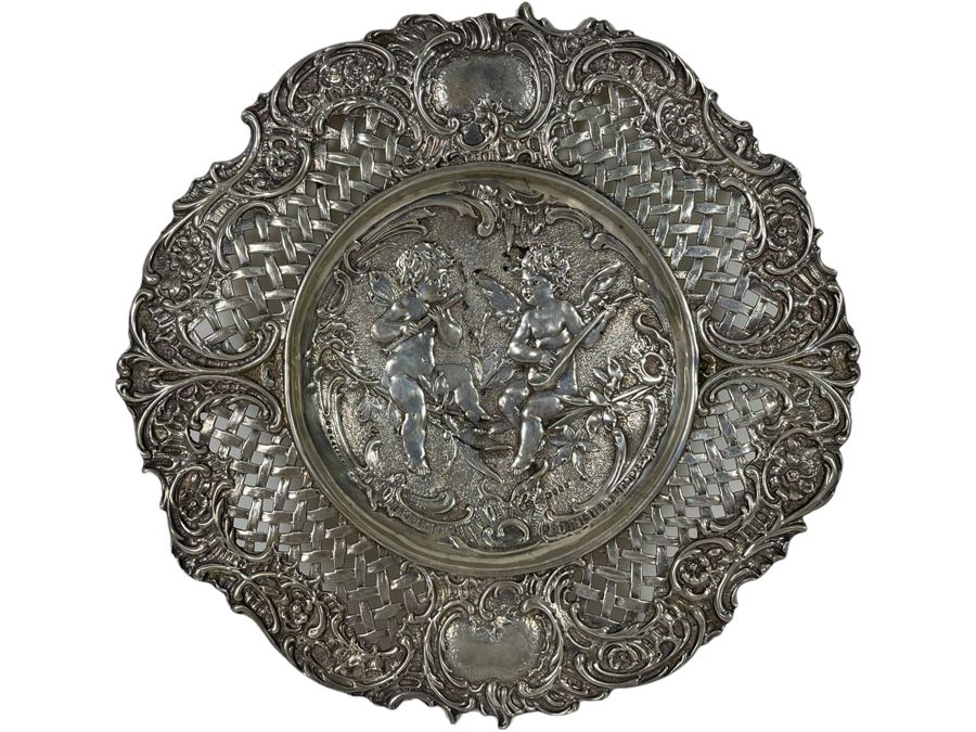 Moses Salkind Stunning Antique 1892 English Repousse Sterling Silver Footed Dish Featuring Pair Of Cherubs With English Silver Hallmarks M.S. 8”R 242g Silver Melt Value $148