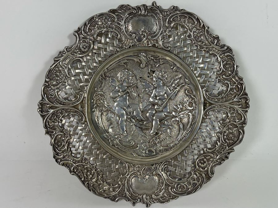 Moses Salkind Stunning Antique 1892 English Repousse Sterling Silver Footed Dish Featuring Pair Of Cherubs With English Silver Hallmarks M.S. 8”R 242g Silver Melt Value $148 [Photo 4]