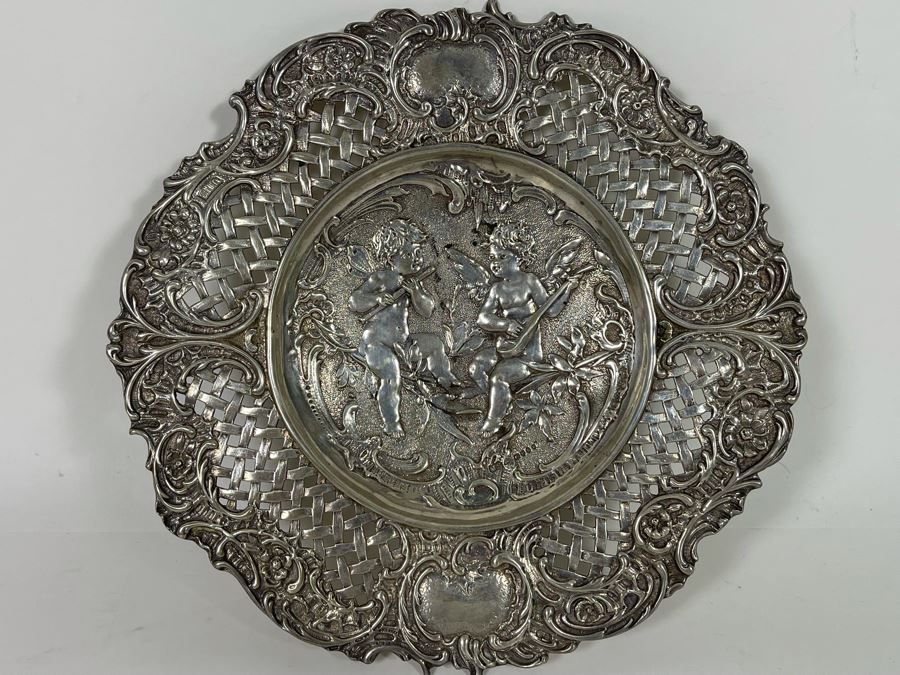 Moses Salkind Stunning Antique 1892 English Repousse Sterling Silver Footed Dish Featuring Pair Of Cherubs With English Silver Hallmarks M.S. 8”R 242g Silver Melt Value $148 [Photo 8]