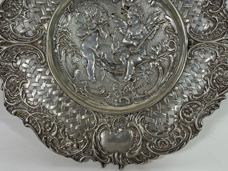 Moses Salkind Stunning Antique 1892 English Repousse Sterling Silver Footed Dish Featuring Pair Of Cherubs With English Silver Hallmarks M.S. 8”R 242g Silver Melt Value $148 [Photo 12]