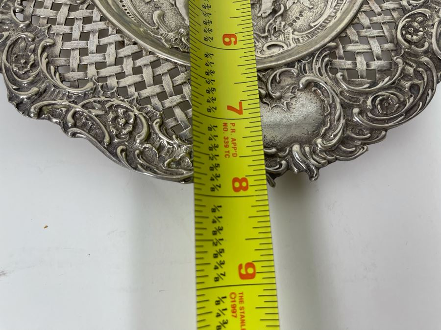 Moses Salkind Stunning Antique 1892 English Repousse Sterling Silver Footed Dish Featuring Pair Of Cherubs With English Silver Hallmarks M.S. 8”R 242g Silver Melt Value $148 [Photo 25]