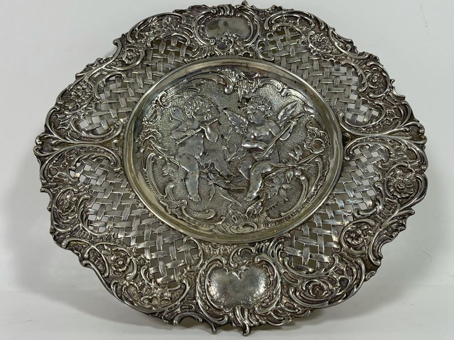 Moses Salkind Stunning Antique 1892 English Repousse Sterling Silver Footed Dish Featuring Pair Of Cherubs With English Silver Hallmarks M.S. 8”R 242g Silver Melt Value $148 [Photo 6]